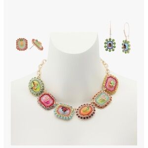 Betsey Johnson Backyard Stone Bib Collar Necklace, Ladybug & Pineapple Earrings
